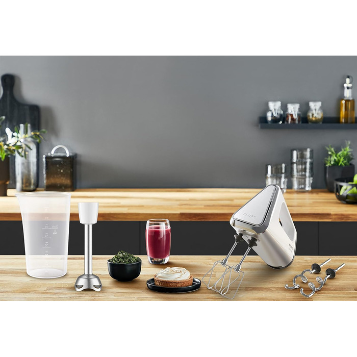 Krups GN9121 3 Mix 9000 Hand Mixer | 750 Watt | Speed Control | Turbo Mode | Ejection Function | Ergonomic Handle | Includes Whisk, Dough Hooks, Immersion Blender Attachment, Measuring Cup | White/Silver White/Silver Single