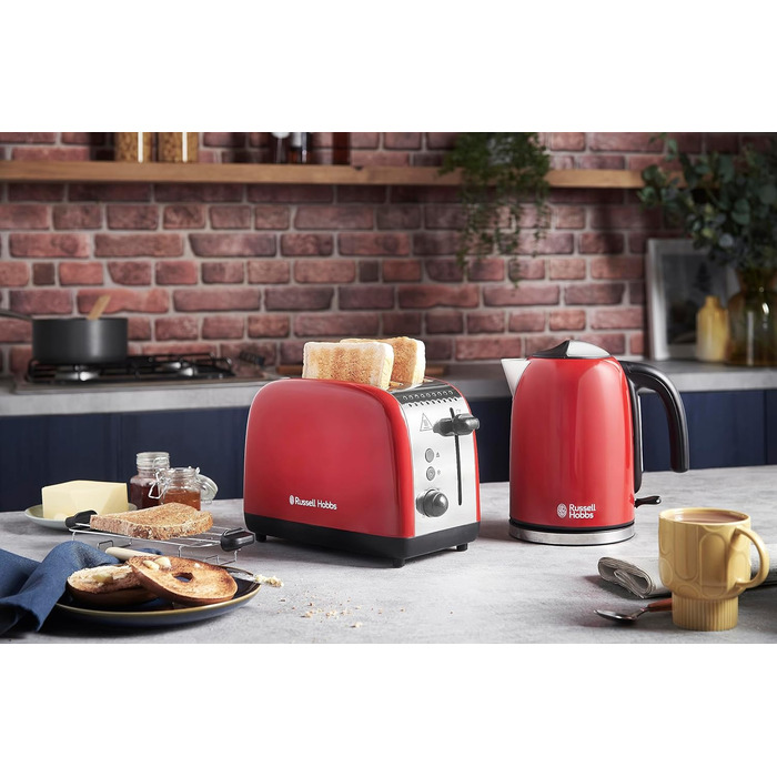 Russell Hobbs Toaster [for 2 slices] Colours Plus Stainless Steel Red (extra wide slots, includes bagel attachment, 6 browning levels + defrost function, Lift & Look function, 1600W) 26554-56 Toaster Compact NEW