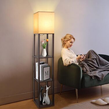 Світлодіодна торшер з дерева, 1.6м, з цоколюванням E27 (3000K-5000K), ретро торшер з 3 полицями, 3 колірні температури, настільна лампа з абажуром для спальні, кута, вітальні, офісу (коричневий)