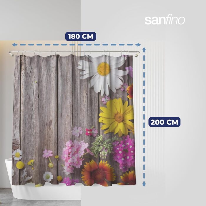 Штора для душу 180x200 см Alp Meadow з кільцями (12 шт) - Водонепроникна, антибактеріальна, з антигрибковим покриттям, сертифікат Öko-Tex