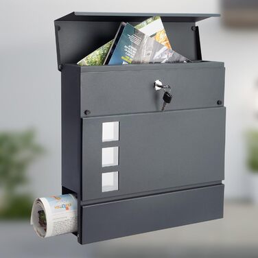 Поштовий ящик Monzana XXL з газетницею та оглядовим вікном, сталевий, антрацит, з ключем (2 ключі), для настінного монтажу