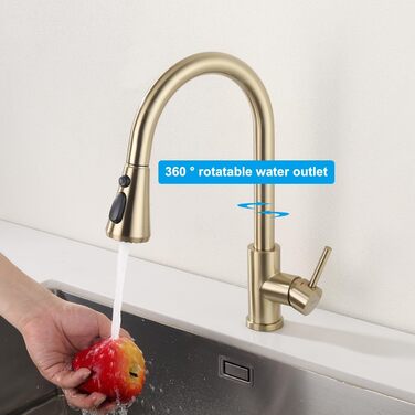 Кухонний змішувач з висувною лійкою, 3 режими струменя, поворотний на 360°, високого тиску, для кухні, матовий золотий