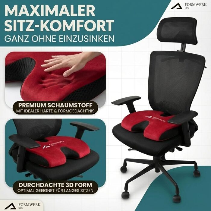 Ортопедична подушка для сидіння Formwerk NRW - Преміум ергономічна подушка для офісу та авто з 3D Memory Foam, сертифікат OEKO-TEX-100 (60-100 кг), червона