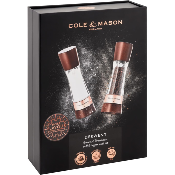 Набір для перцю та солі Cole & Mason Derwent Kastanie Roségold (2 шт.), ручний млин з регульованим керамічним жорном, дерево/акрил, 190 мм, Precision+, подарунковий набір