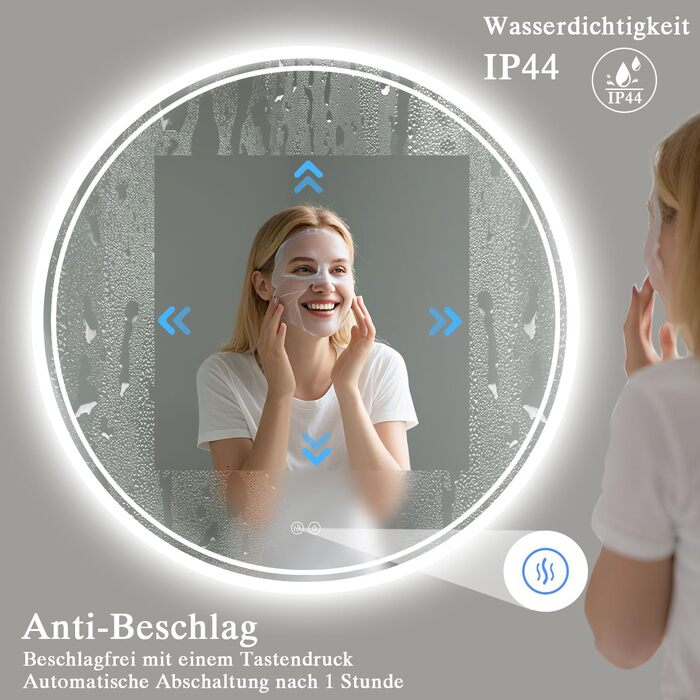 Дзеркало для ванної кімнати з підсвічуванням LED, антизапар, сенсорне управління, регулювання яскравості, 3 кольори світла, функція пам'яті, захист від вибуху, кругле дзеркало 50 см