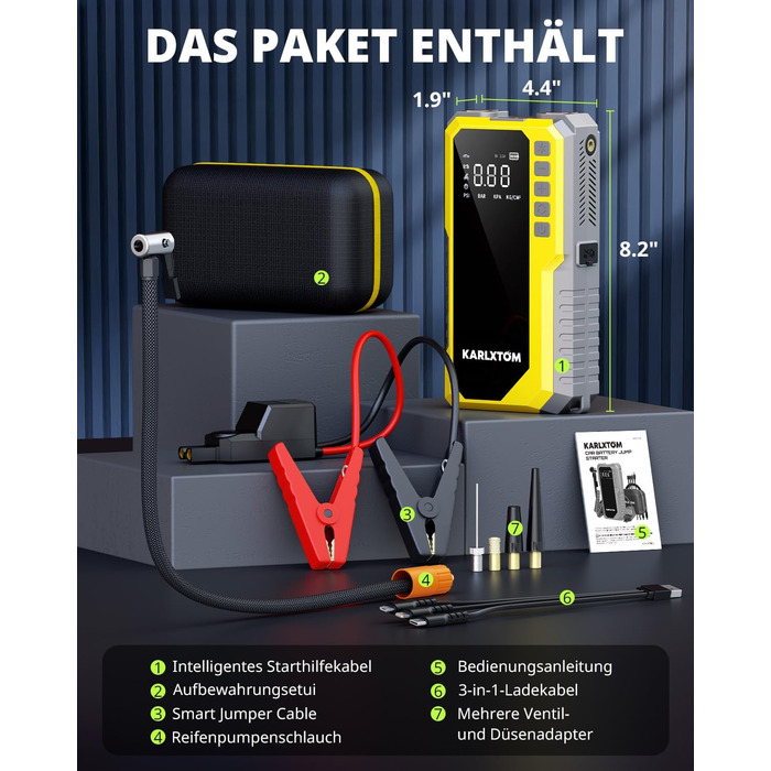 Powerbank для авто Karlxtom з компресором 190PSI, 88Wh, 4500A, LED-ліхтар, LCD-дисплей, для бензинових та дизельних двигунів (до 10L)