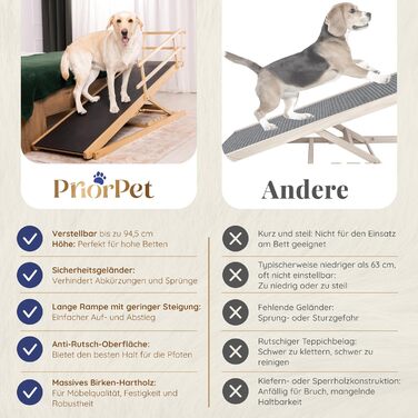 Східці для собак до ліжка з захисним бар'єром - для великих собак до 90 кг - регульована висота до 94.5 см - ширина 49.5 см - складаються - антиковзке покриття - з натурального дерева (бірча) - колір натуральний