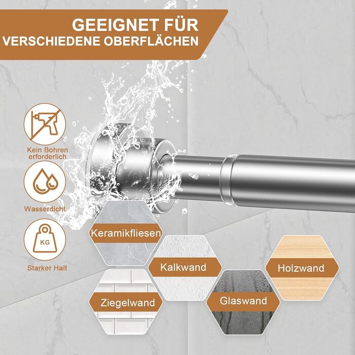 Штанга для душу/шторки без свердління AIZESI, телескопічна, 80-160 см, діаметр 22 мм, для ванної, вікна, шафи