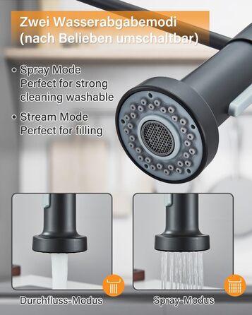 Кухвонний змішувач Hbronzeshower з висувною лійкою, 360° поворот, нержавіюча сталь, чорний