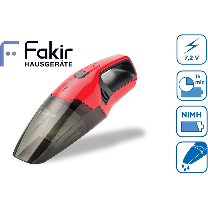 Пилосос ручний Fakir AS 1072 LNT акумуляторний червоний, для сухого та вологого прибирання, з насадкою для авто та тримачем