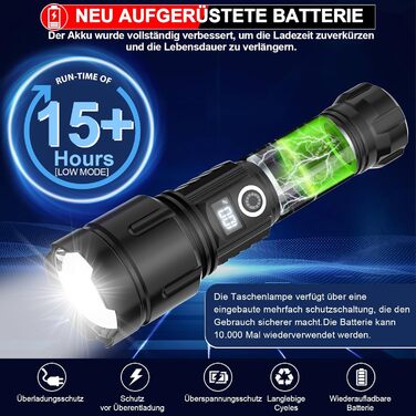 Ліхтарик AOMEES LED, 200000 люмен, акумуляторний, USB/Type-C, водонепроникний IPX4, 5 режимів, для кемпінгу та екстрених ситуацій з безпечним молотком