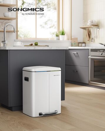 SONGMICS Відро для сміття 40 л з 2 відсіками (2 x 20 л), з педаллю, з металу, з пластиковим внутрішнім відром, з кришкою та ручками, Softclose, герметичне, біле LTB40WT