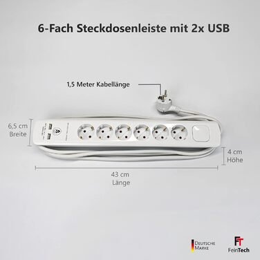 Стрічка розеток FeinTech MD000632 6-fach з USB, захистом від перенапруги, 3680 Вт, біла, 1.5 м