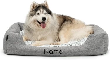 Lionto Dog Basket with Fluffy Reversible Cushion, Cozy Pet Bed in Melange Design with Deep Entry for Dogs & Cats of All Sizes, 80x60 cm, Soft Dog Bed, (Grey, L 110 x W 80 x H 28 cm (with name tag))
