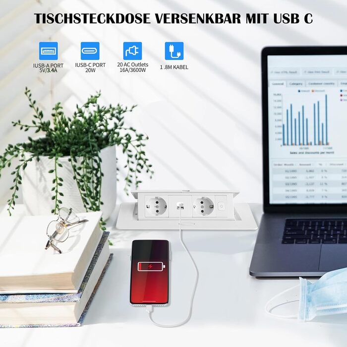 Вбудована розетка PD20W USB-C з швидкою зарядкою для столу, біла (20W, Type-C)