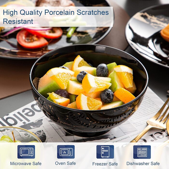 LOVECASA Sweet: Сервіз Porzellan Daphne, 32 елементи, чорний колір. Комплект тарілок, мисок та чашок для 8 осіб з золотим декором.