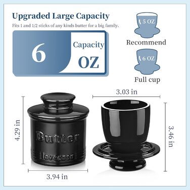 Porcelain Butter Top Dish for Countertop, LOVECASA Butter Holder with Water Line, French Butter Dish with Lid, Ceramic Butter Container, No More Hard Butter, Perfect Spreadable Consistency (black)