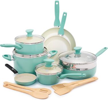 GreenPan Rio Healthy Ceramic Non-Stick 16-Piece Cookware Set with Frying Pans, Sauce Pans, PFAS-Free, Stay-Cool Handle, Oven Safe up to 160°C, Dishwasher Safe, Turquoise & Crème Cookware Set 16-Piece Turquoise & Crème