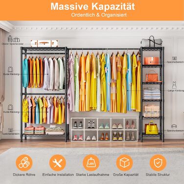 Розширюваний вішак для одягу, металевий гардеробний стійка з регульованими полицями, важкий, чорний