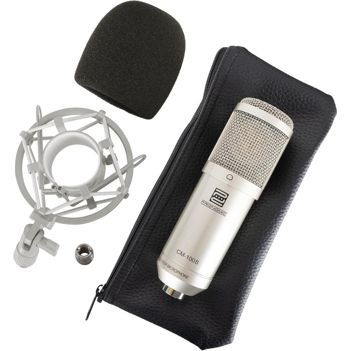 Pronomic CM-100S Студійний конденсаторний мікрофон XLR з поп-фільтром, павуком, кейсом та вітрозахистом, сріблястий