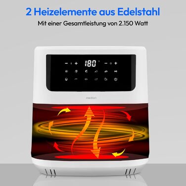 Аерофритюрниця MEDION P10 XL, 6,8 л, 2150 Вт, 2 нагрівачі з нержавійки, 9 програм, сенсорний екран, біла