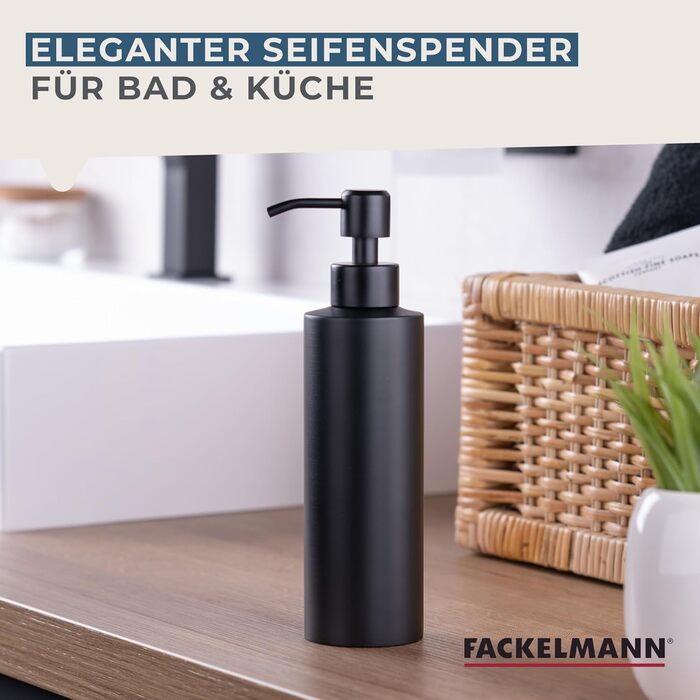 FACKELMANN Soap Dispenser & Toothbrush Holder Tecno, liquid soap dispenser made of high-quality stainless steel, holder for 4 toothbrushes, high-quality toothbrush holder (Color: Matte Silver), Quantity: 1 x 2-piece set (Dispenser Black)