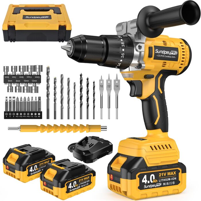 Акумуляторний ударний дриль-шуруповерт 21V - 120Nm безщітковий, комплект з 2 акумуляторами 4Ah, 20+3 ступені крутного моменту, патрон 13 мм, 2 швидкості, 35-елементний набір аксесуарів