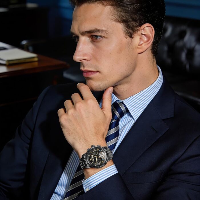 Чоловічий механічний годинник OLEVS з автопідзаводом, турбійоном та календарем, водонепроникний, світловий циферблат (7088 All Black)