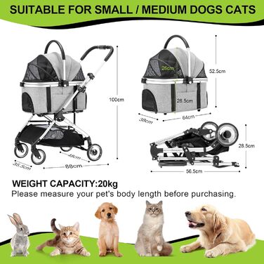 3 в 1 Візок для собак з рознімним сидінням, сумка-переноска, складна конструкція, візок для домашніх тварин та дітей (сірий, до 20 кг)