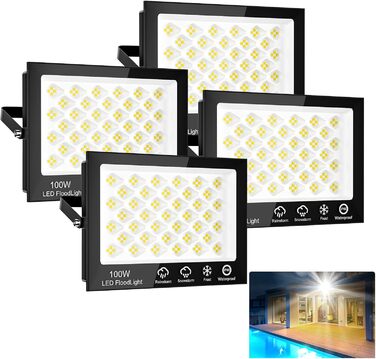 Sararoom LED Floodlights Outdoor 10000LM LED Floodlight, 156 Cold White 6500K Floodlight Spotlight Outdoor Floodlights, IP65 Waterproof Floodlights for Garden Garage Yard Driveway Doors Hallway, 2-Pack (4 Pieces, 100W)