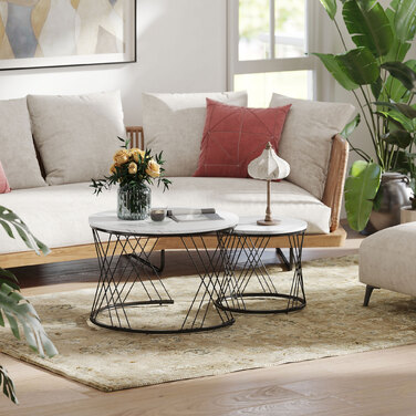 HOMCOM Set of 2 Round Coffee Tables with Marble Look - White