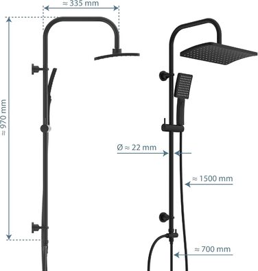 Schütte Shower Set MALLORCA Shower Column with Large Rain Shower Head, Hand Shower with 3 Jet Types, Shower System without Faucet, Matte Black