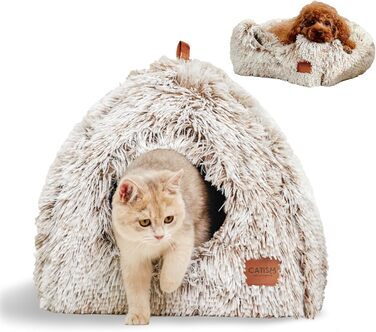 Cat Cave Cat Bed Cat House Cozy Cave 40x40cm Foldable Washable Comfortable Cat Sleeping Place for Cats Kittens Puppies with Removable Cat Head Pillow Beige (Coffee Brown-L)