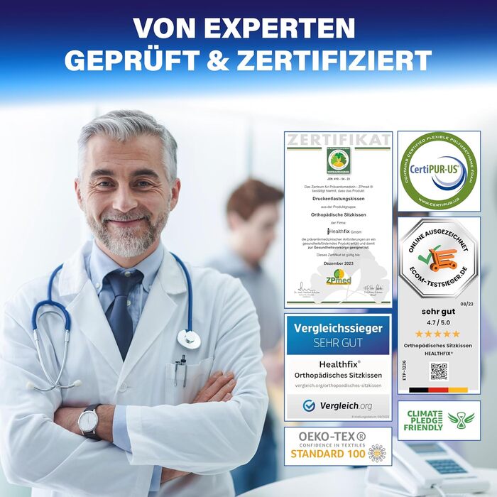 Ортопедична подушка для сидіння Healthfix® для офісу та дому - ергономічна подушка з memory foam для полегшення навантаження на куприк та кістки тазу (середня-жорстка)