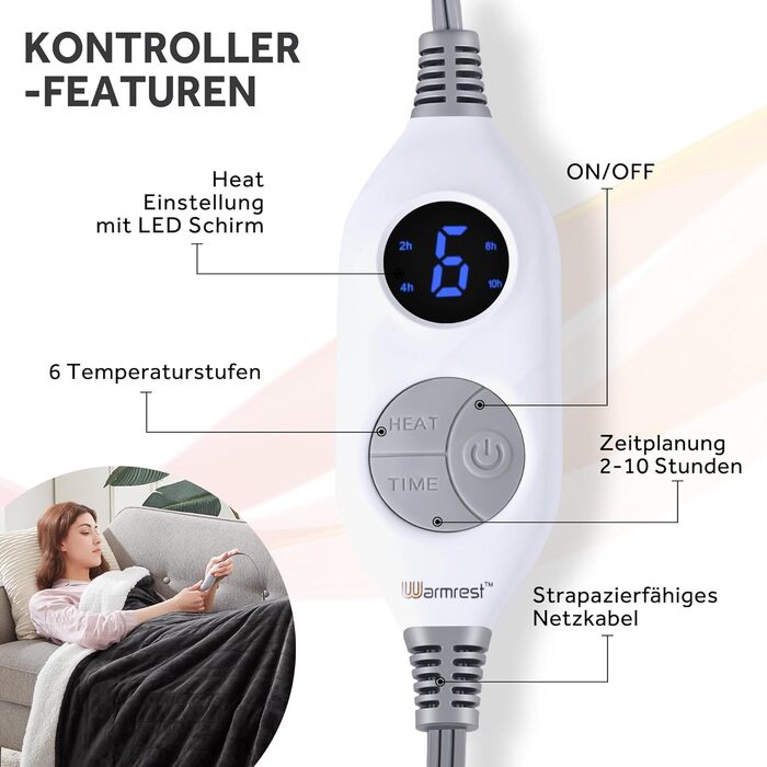 Електрична ковдра Warmrest 130x180 см, сіра, фланель-шерпа, 6 температурних режимів, таймер, захист від перегріву, пральна машина