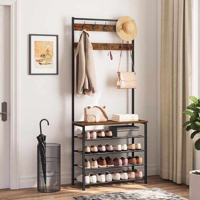 HOOBRO Coat Rack, Shoe Rack with Coat Rack, Clothes Rack with Shoe Storage, Shoe Cabinet with 5 Tiers, for Entryway, Dark Brown EBF80MT01G2