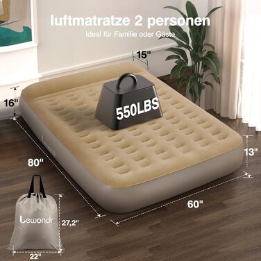 Надувне ліжко Lewondr на 2 особи з вбудованим насосом, комфортна повітряна матрац, самонадувна ліжко для кемпінгу, дому, гостей, подорожей (300 кг MAX), (203x152x33 см, Хакі)