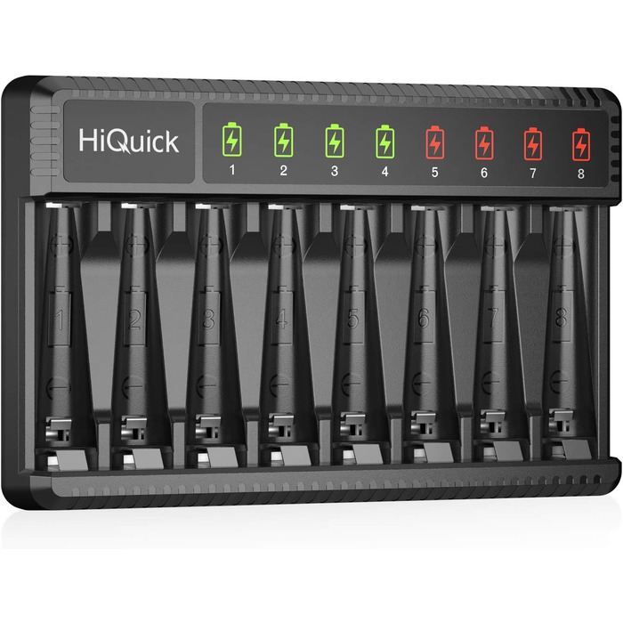 Зарядний пристрій HiQuick для акумуляторів AA AAA, 8 слотів з LED-дисплеєм, сумісний з NI-MH та NI-CD акумуляторами (без акумуляторів)