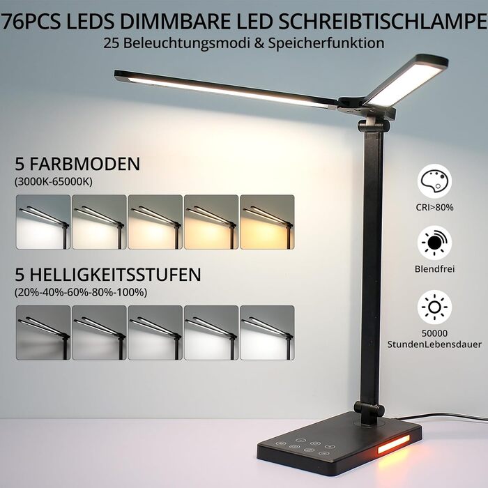 iVict LED лампа для столу з регульованими Swing Arms, 5 режимів, сенсорне керування, таймер, USB-порт, пам'ять, для дітей, білий колір