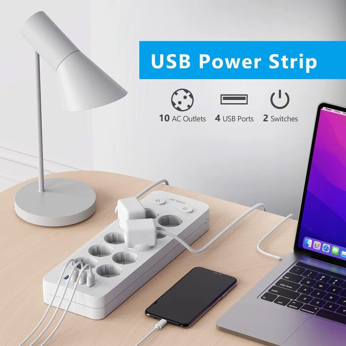 Мережева розетка JSVER на 10 розеток з 4 USB-портами для зарядки, біла. 16A, з вимикачем та кабелем 2м.