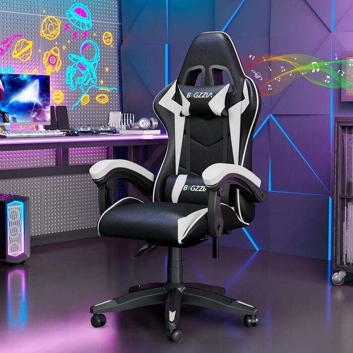 Геймерське крісло Bigzzia Ergonomisch з підтримкою попереку та голови, Bluetooth, чорно-біле, регульована висота, для підлітків та дорослих