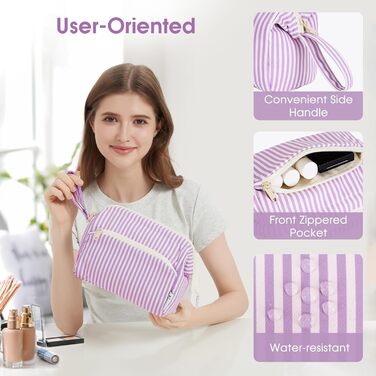 Косметичка жіноча Narwey для подорожей: велика, з широким відкриванням (сіро-блакитний з фіолетовими смужками)