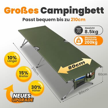 Розкладне ліжко для кемпінгу 210x80x60 см, стабільне, з кишенею, 200 кг, для відпочинку на природі, в саду, в подорожах, вдома (зелене)