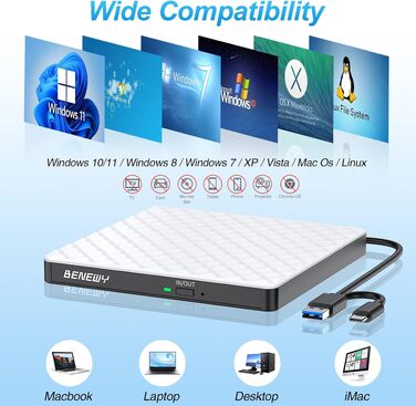 Зовнішній DVD-привід USB 3.0 та USB-C, CD/DVD Brenner для ноутбука та ПК (Windows, macOS, Linux), білий