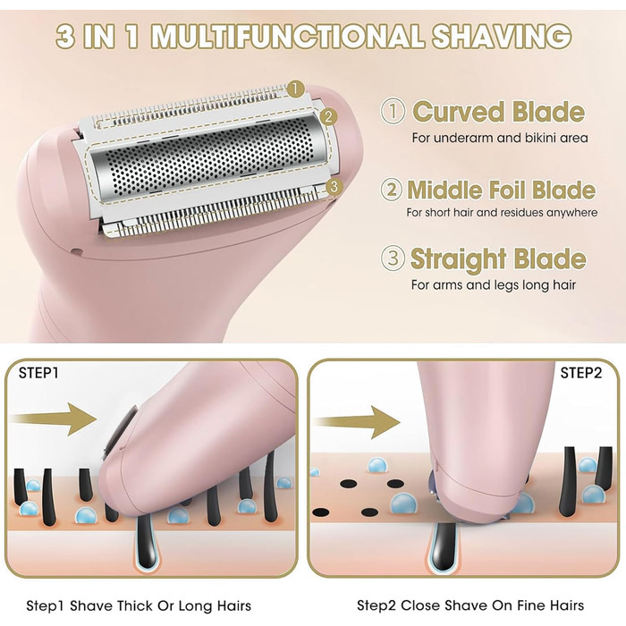 Електричний жіночий тример 3-в-1 для тіла та бікіні, IPX7, вологостійкий (рожевий)