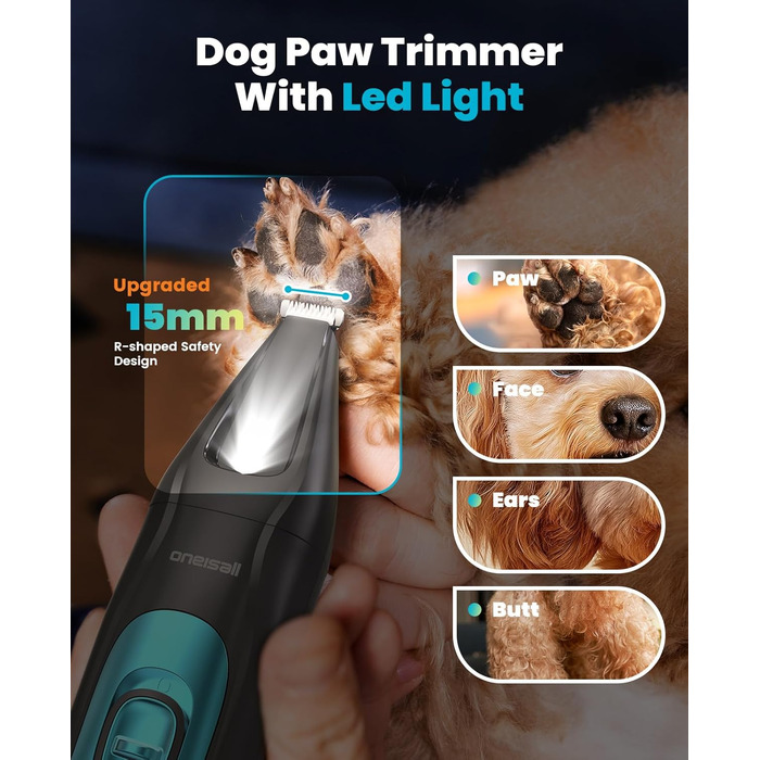 Oneisall 4-in-1 Pet Grooming Kit: Dog & Cat Hair Clippers, Trimmer & Nail Grinder with LED Light - Rechargeable Blue