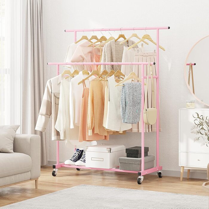 Мобильна вішалка для одягу Calmootey з подвійною перекладиною, біла (рожева)