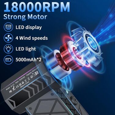 Електричний пилосос-фен, 10000mAh, LCD, міні-фен з ліхтариком для відпочинку на природі, 180000RPM, 4 швидкості, чорний