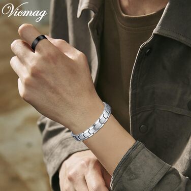 Браслет магнітний чоловічий Vicmag з титанової сталі, подвійний ряд магнітів, регулювальний інструмент, подарункова коробка (однорядний, срібний)