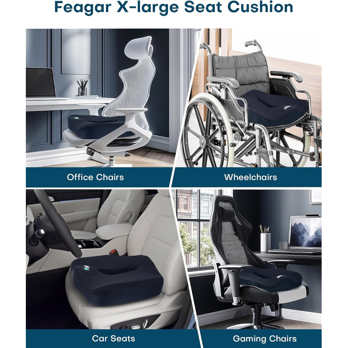 Ортопедична подушка для сидіння Feagar з Memory Foam: для офісного крісла, інвалідного візка, автокрісла. Подушка для хребта, стегна та сідниць. Чорний колір (Темно-синій, XL (90-150кг))